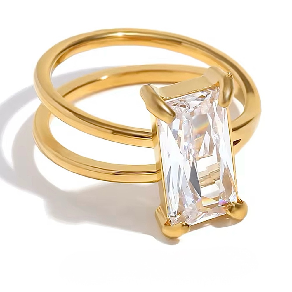 Unique CZ Solitaire Double Ring Stainless Steel